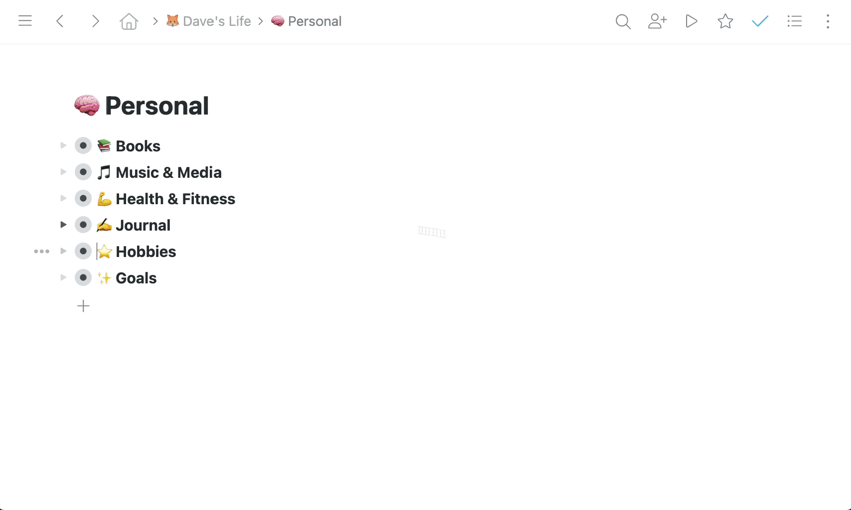 Workflowy outline with several organized personal lists